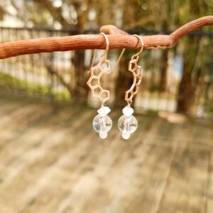 Herkimer diamond quartz rose gold honeycomb earrings
